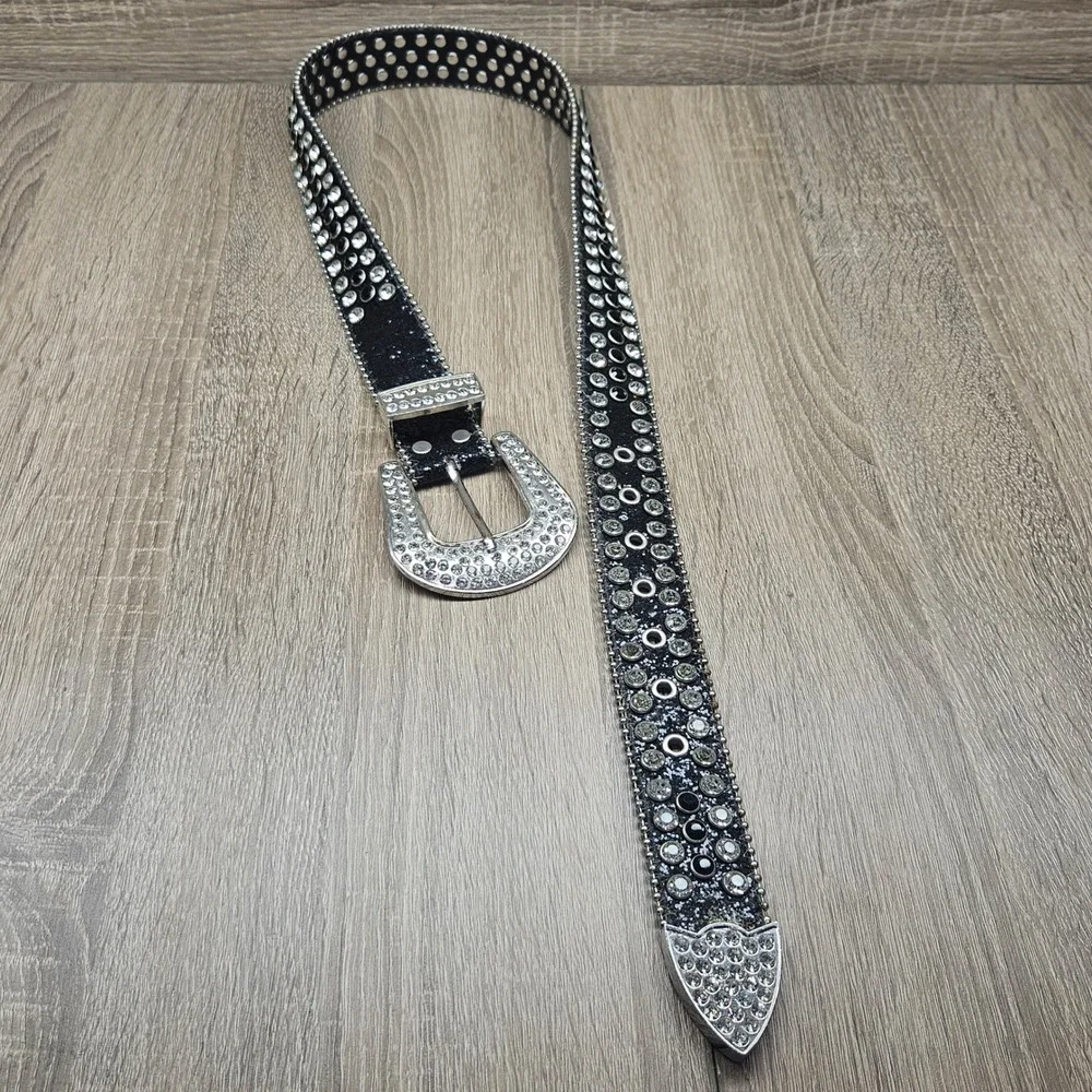 Black Rhinestone Western Belt Silver Studded Glitter Strap Crystal Buckle Sz 32